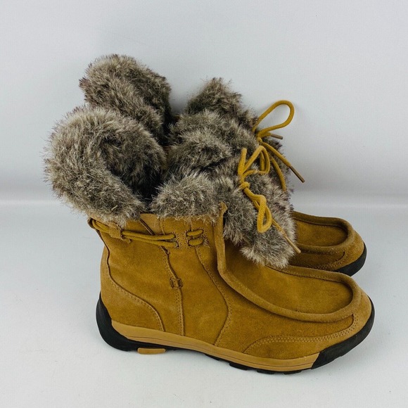 Womens 7B Land's End Winter Ankle Boots Tan Suede‎ Leather Faux Fur Moc Toe - Picture 2 of 9